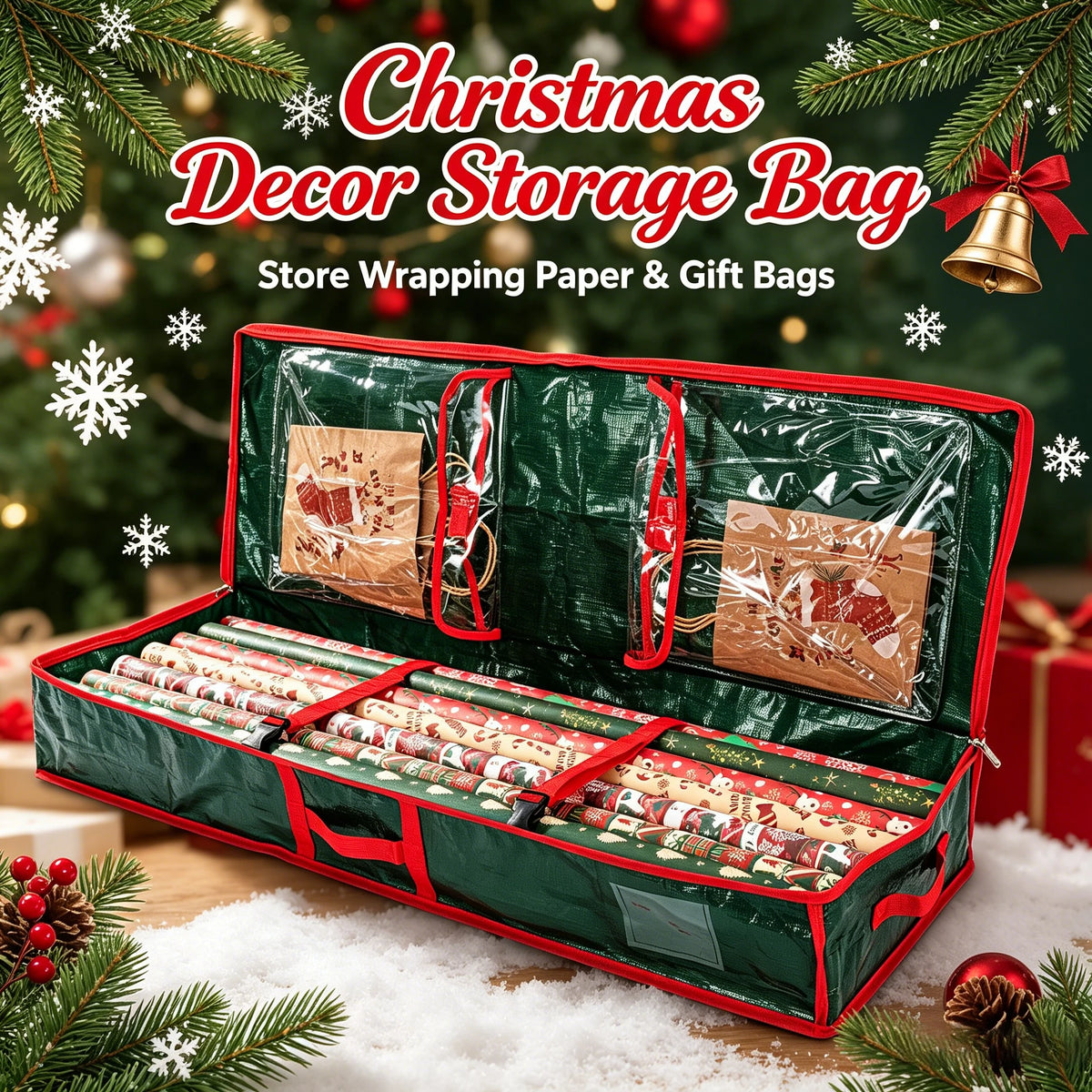 Christmas Wrapping Paper Storage Bag | 40" Durable Oxford Fabric | Fits Rolls, Ribbons & Ornaments | Red & Green