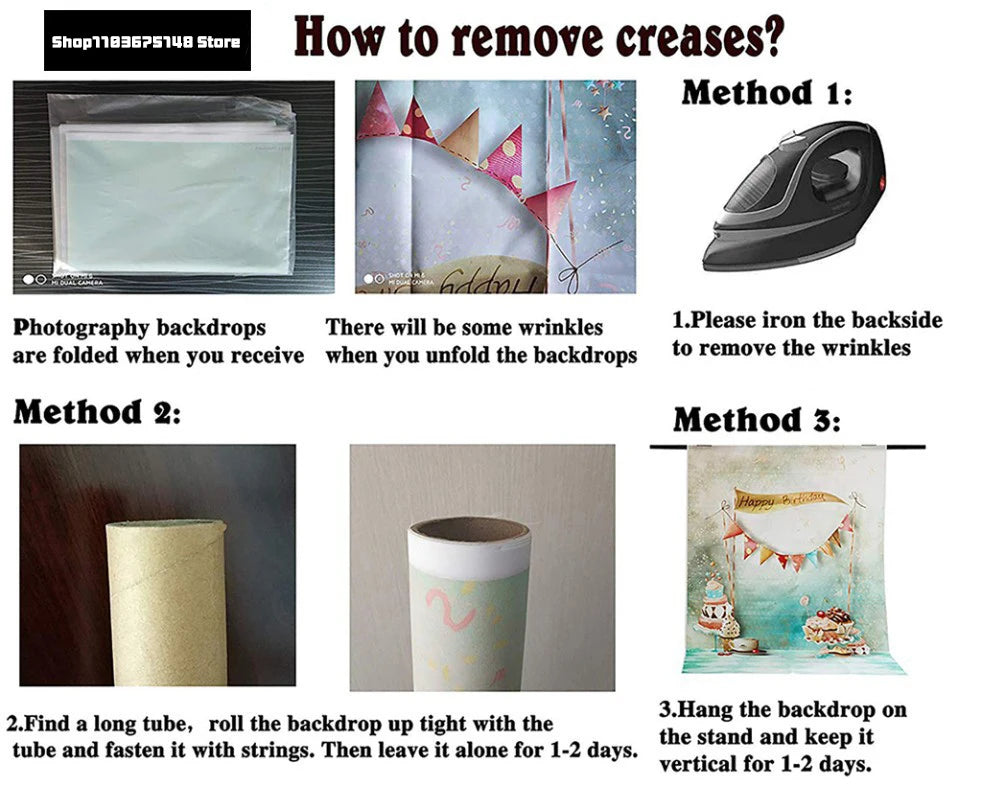 Instructions on how to remove creases from photography backdrops with images and text.