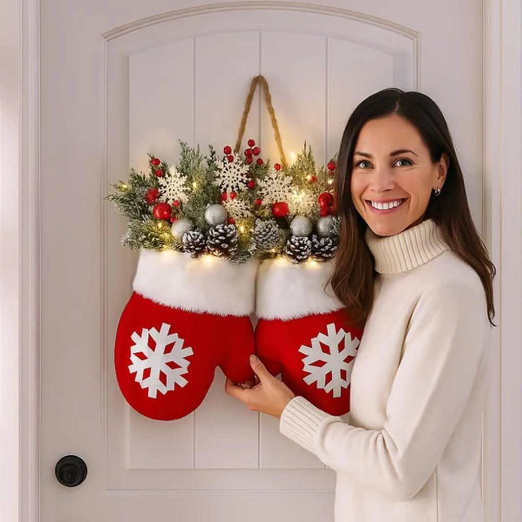 Christmas Gloves Wreath | LED Light-Up & Standard | 30cm | Indoor & Outdoor Wall Door Decoration