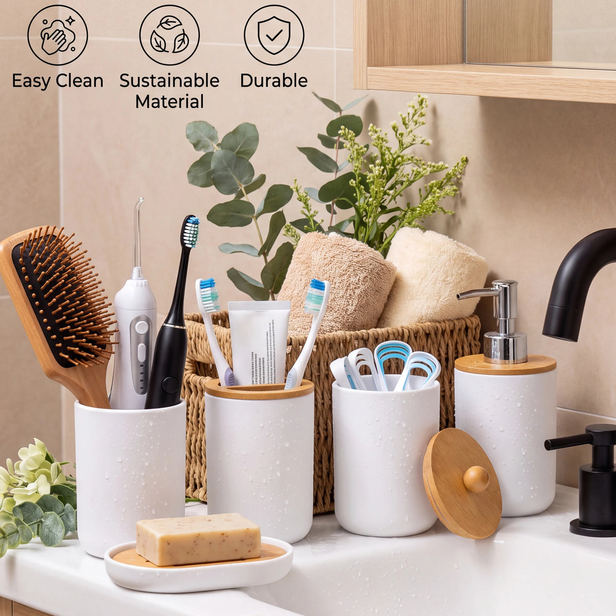 5-Piece Bathroom Accessories Set – Soap Dispenser, Storage Jar, Toothbrush Holder & Soap Dish | Farmhouse Style