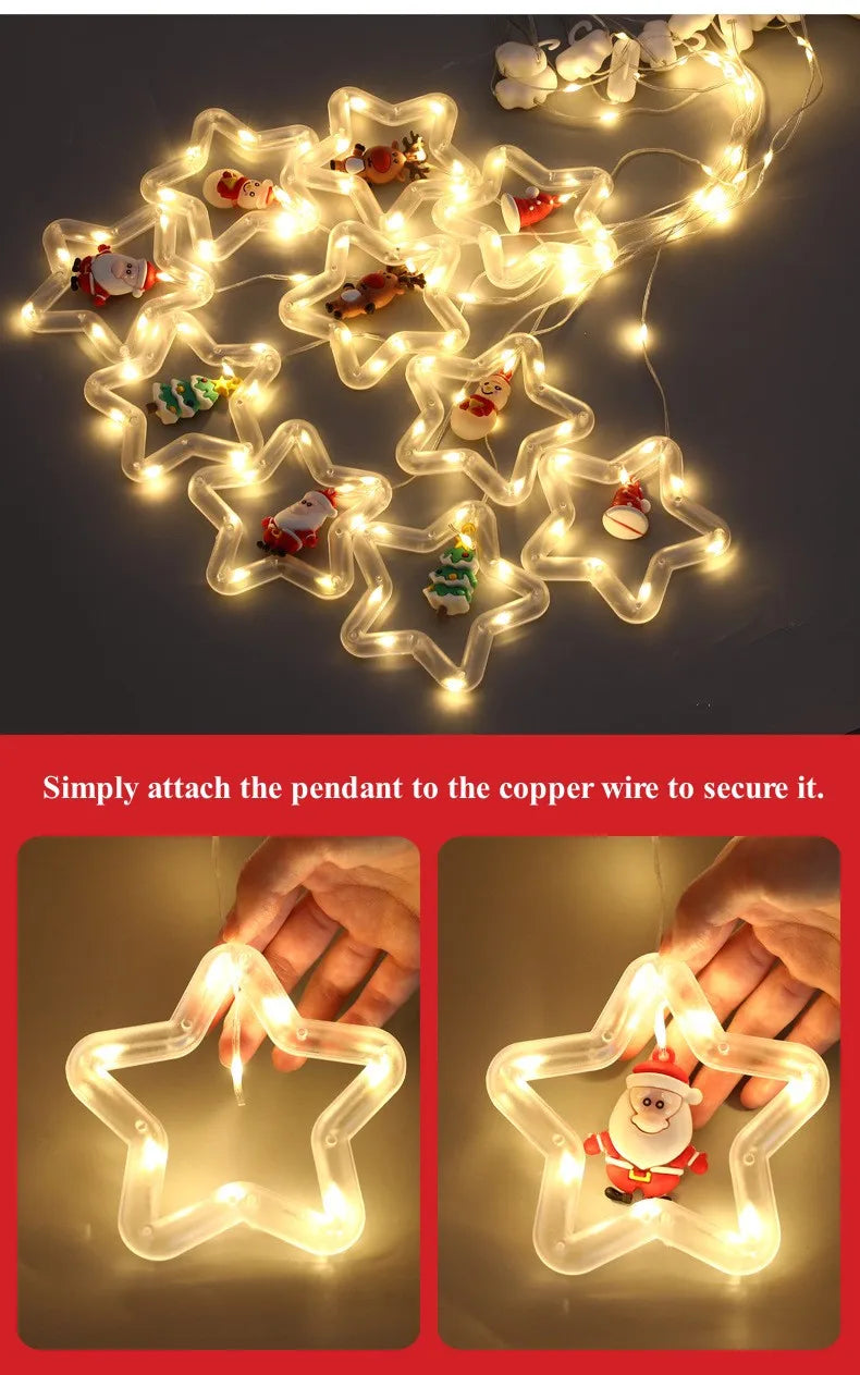 LED Christmas Curtain String Lights | USB | 8 Modes | Stars, Trees & Circles | Warm & Colourful | Bedroom & Window Decoration
