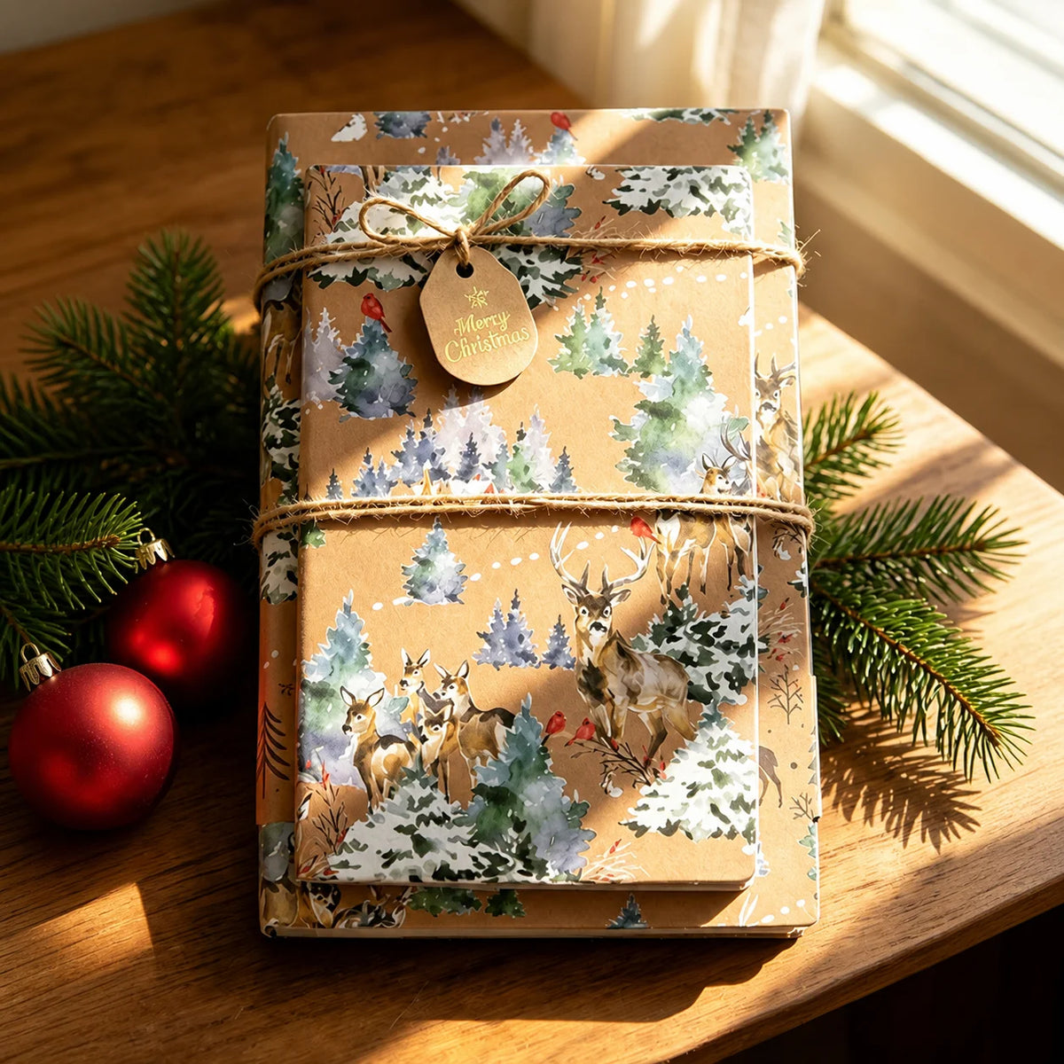 Kraft Christmas Wrapping Paper Roll | Double-Sided | 43x300cm | Retro Xmas Designs | 4 Patterns