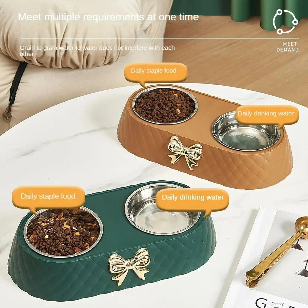Double Pet Bowl with Bow-Tie Stand | Stainless Steel & PP Base | Cats & Dogs | 3 Colours