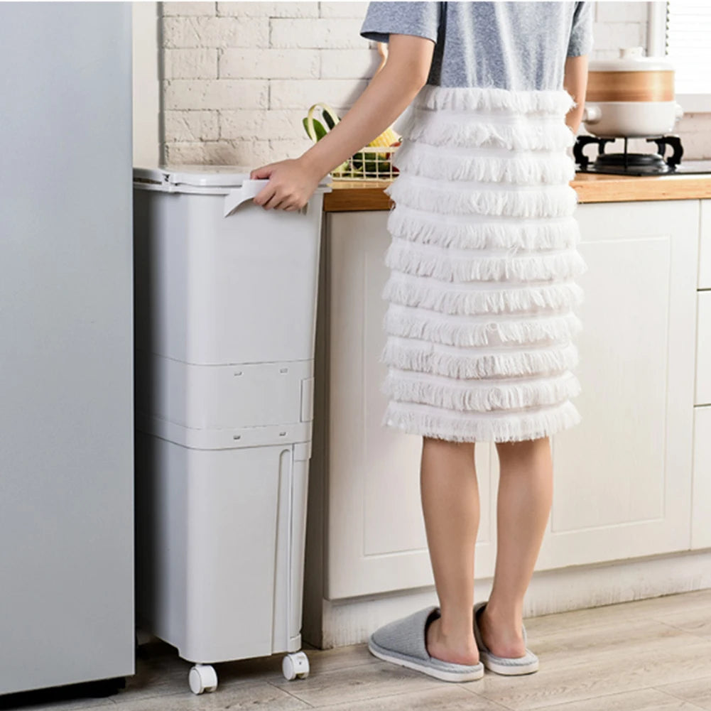 38L Double Compartment Wheeled Bin | 2-Tier Wet & Dry Waste Separation | 4 Casters | Kitchen & Home | White