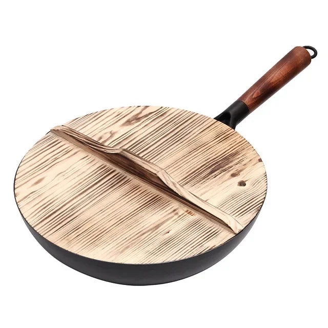 32cm Cast Iron Wok – Non-Coated, Gas & Induction Compatible | With or Without Wooden Lid