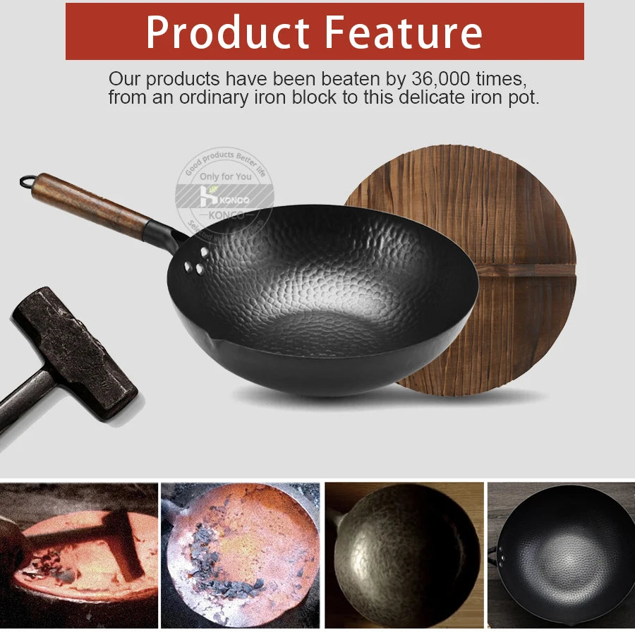 32cm Cast Iron Wok – Non-Coated, Gas & Induction Compatible | With or Without Wooden Lid