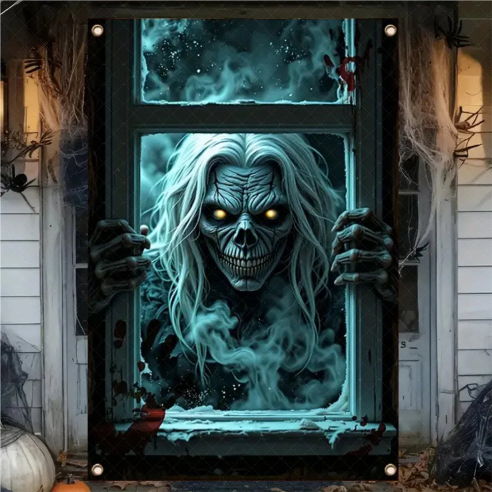 A Halloween-themed window decal or poster showing a creepy skull-faced ghost with glowing yellow eyes and long white hair, peering through a dark window frame. The scene is framed by a porch with cobwebs, spider decorations, and a pumpkin.