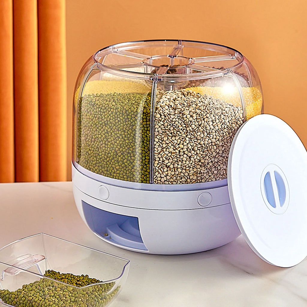6-Grid Rotating Cereal & Grain Dispenser – Airtight Kitchen Storage Container