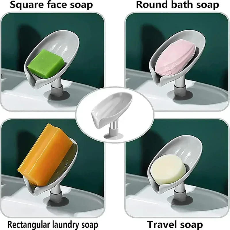 Leaf Shape Soap Dish with Suction Cup & Drainage | Anti-Slip Soap Holder for Bathroom & Kitchen | Green or Grey