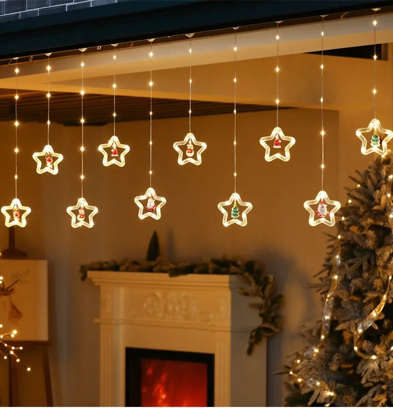 LED Christmas Curtain String Lights | USB | 8 Modes | Stars, Trees & Circles | Warm & Colourful | Bedroom & Window Decoration