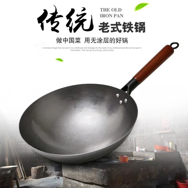Handmade Chinese Cast Iron Wok | Non-Stick | Wooden Handle | 30–36cm
