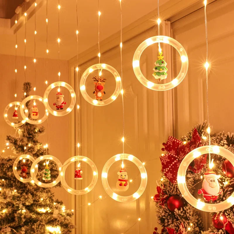 LED Christmas Curtain String Lights | USB | 8 Modes | Stars, Trees & Circles | Warm & Colourful | Bedroom & Window Decoration