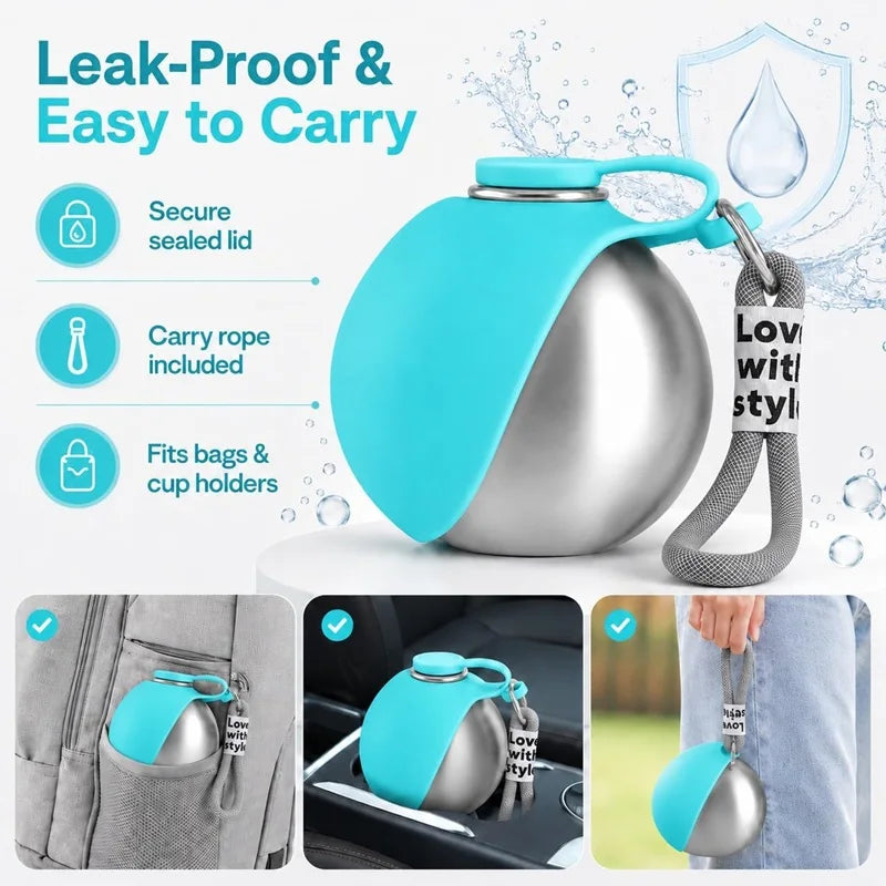Stainless Steel Portable Dog Water Bottle with Silicone Bowl | 285ml