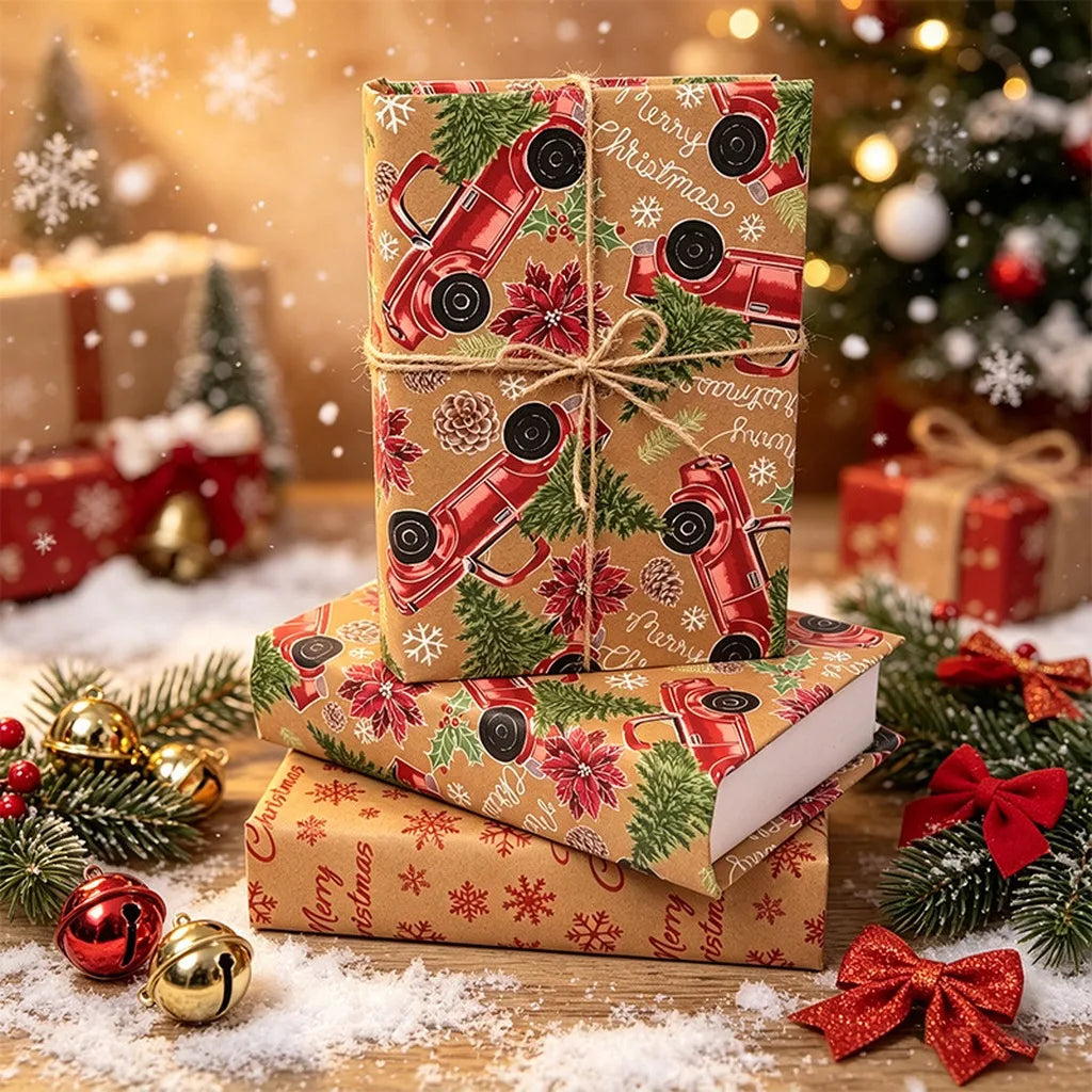 Kraft Christmas Wrapping Paper Roll | Double-Sided | 43x300cm | Retro Xmas Designs | 4 Patterns