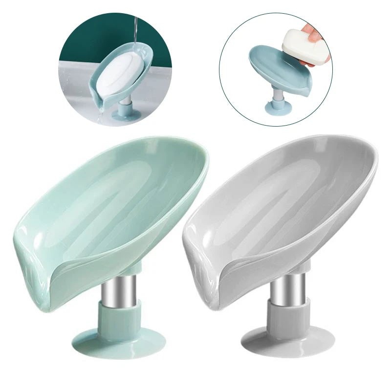 Leaf Shape Soap Dish with Suction Cup & Drainage | Anti-Slip Soap Holder for Bathroom & Kitchen | Green or Grey