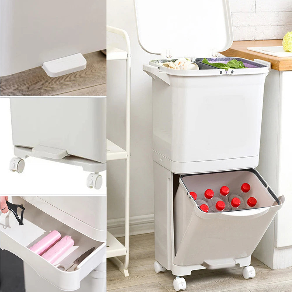 38L Double Compartment Wheeled Bin | 2-Tier Wet & Dry Waste Separation | 4 Casters | Kitchen & Home | White