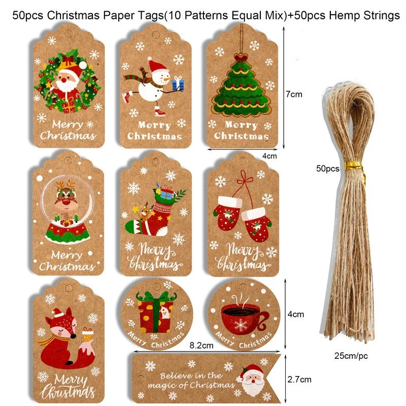 Christmas Kraft Paper Gift Tags | Pack of 50 | Merry Christmas Hang Labels for Gift Wrapping