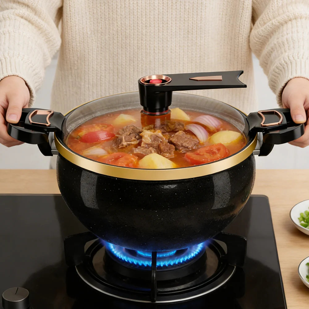 7L Micro-Pressure Soup Pot with Glass Lid & Spoon | Non-Stick Cast Iron Stew Pot | Gas & Induction Compatible