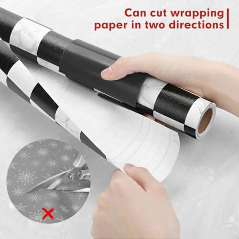 Christmas Gift Wrap Paper Cutter | Elf & Santa Hat Design | Safe Sliding Roll Cutter | White & Black