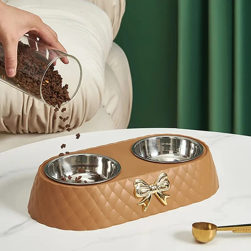 Double Pet Bowl with Bow-Tie Stand | Stainless Steel & PP Base | Cats & Dogs | 3 Colours