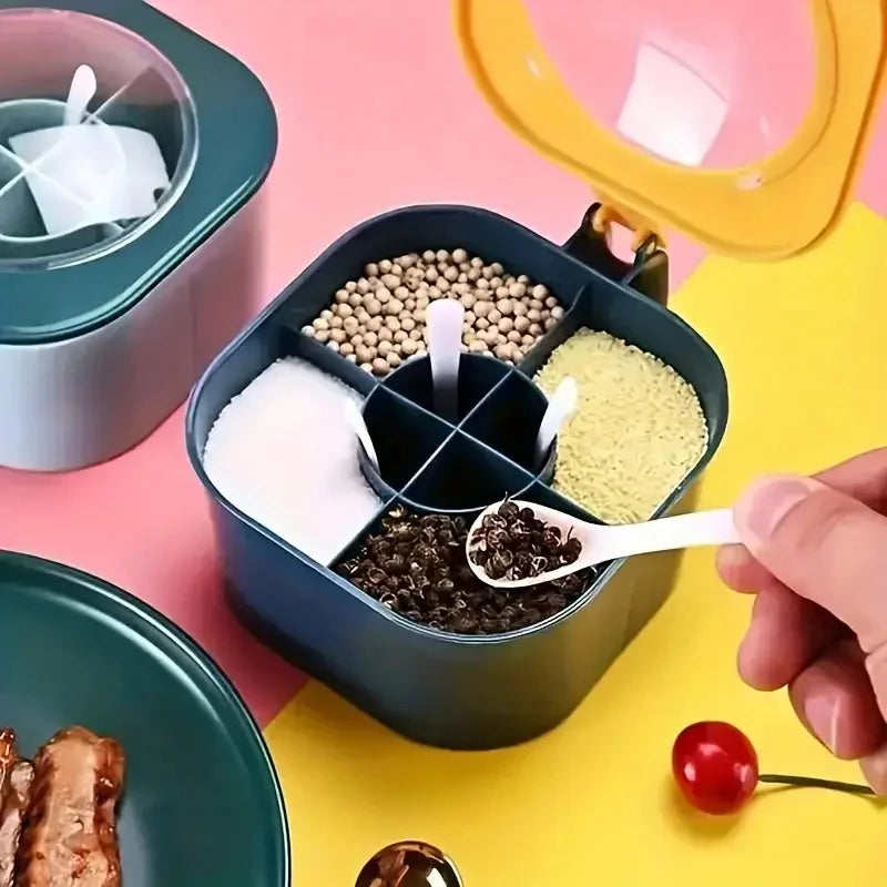 4-in-1 Seasoning Box with Lid & Spoons | Large Capacity Salt & Spice Container | Yellow or Blue-Green