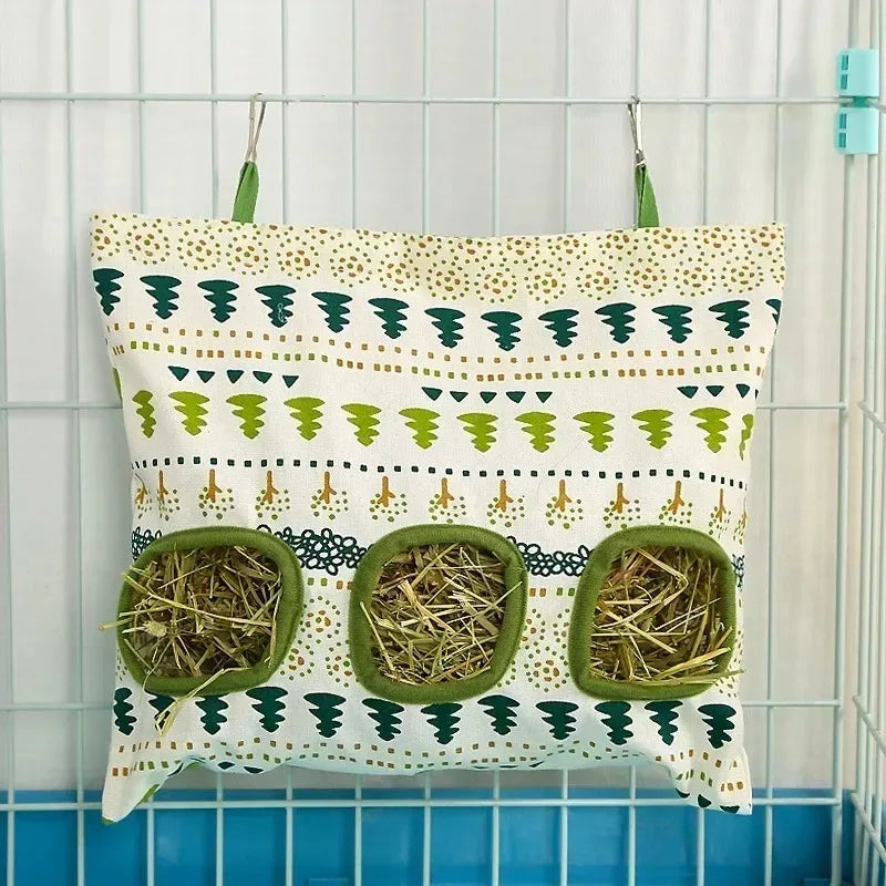 Small Pet Hay Bag Hanging Feeder | Canvas Pouch for Rabbits, Guinea Pigs & Hamsters | 2 & 3 Hole