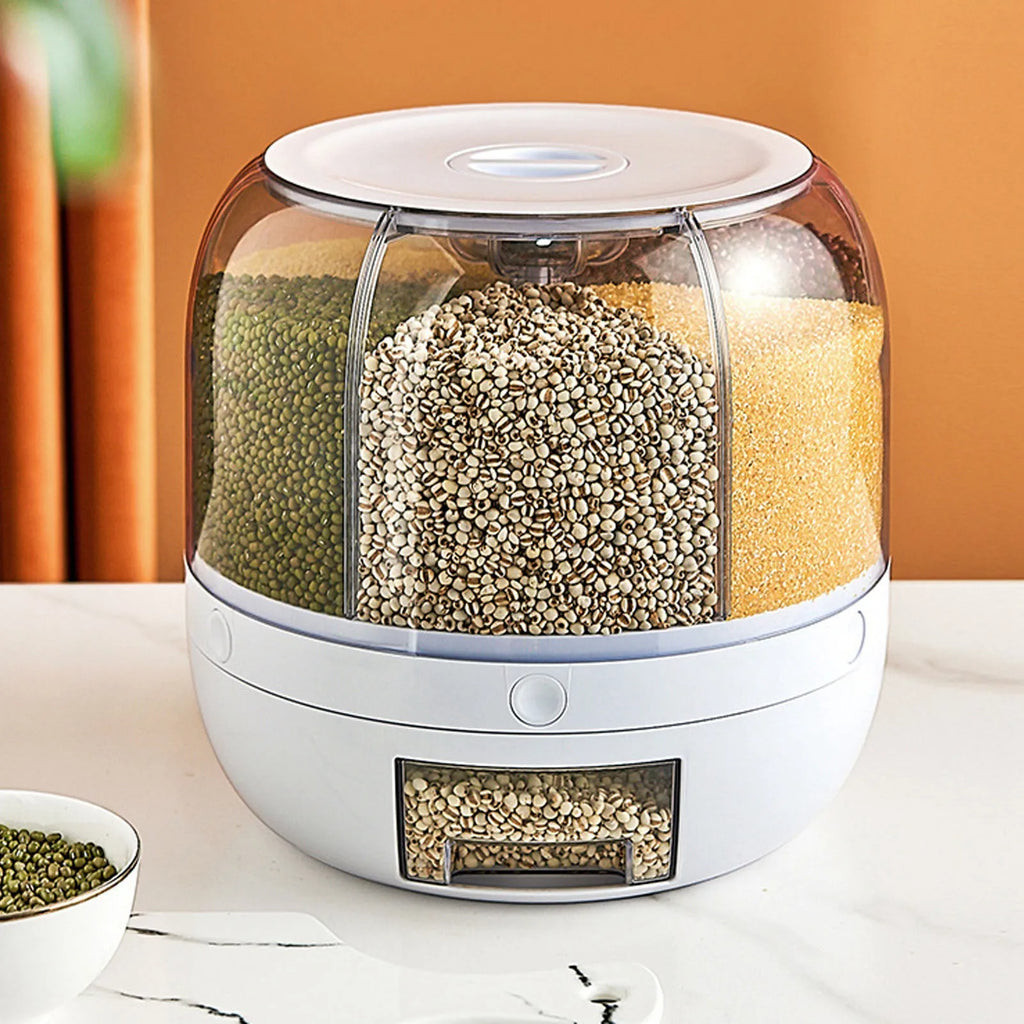 6-Grid Rotating Cereal & Grain Dispenser – Airtight Kitchen Storage Container