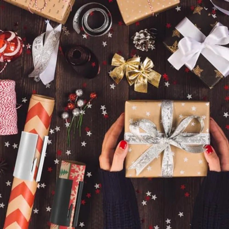 Christmas Gift Wrap Paper Cutter | Elf & Santa Hat Design | Safe Sliding Roll Cutter | White & Black