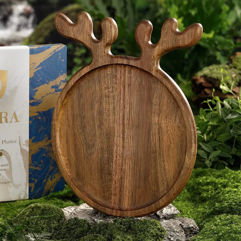 Reindeer Antler Wooden Serving Tray - Acacia Wood Cheese & Fruit Board
