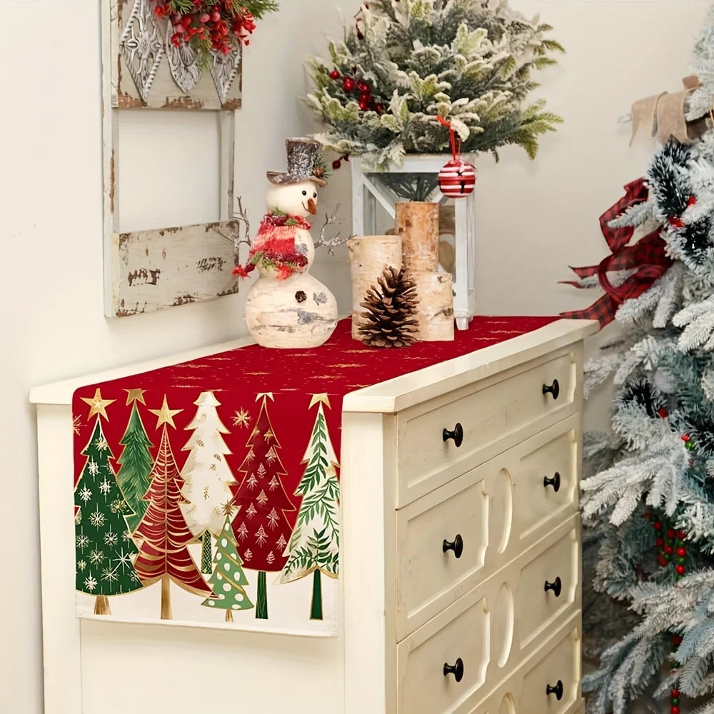 Christmas Table Runner | Red Trees & Snowflakes Design | 33x183cm | Festive Holiday Tablecloth