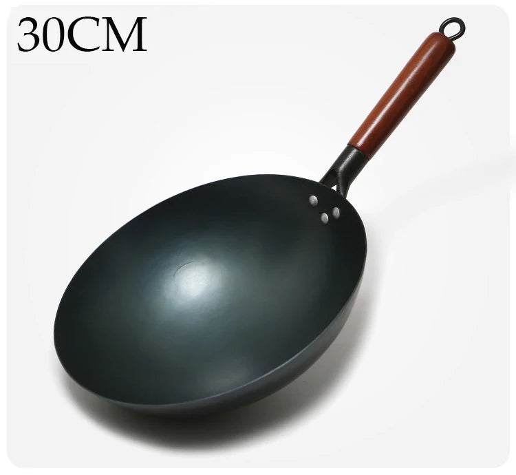 Handmade Chinese Cast Iron Wok | Non-Stick | Wooden Handle | 30–36cm