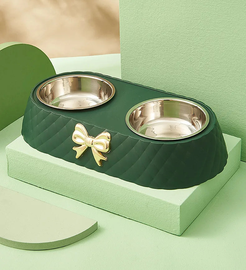 Double Pet Bowl with Bow-Tie Stand | Stainless Steel & PP Base | Cats & Dogs | 3 Colours
