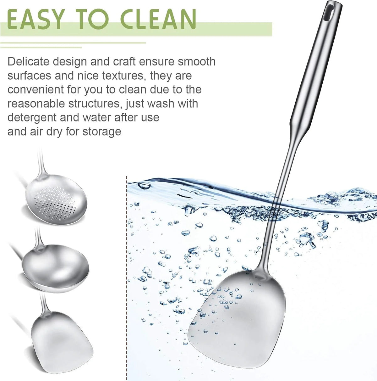Stainless Steel Wok Utensil Set | Spatula, Ladle & Slotted Spoon | 15" All-Metal