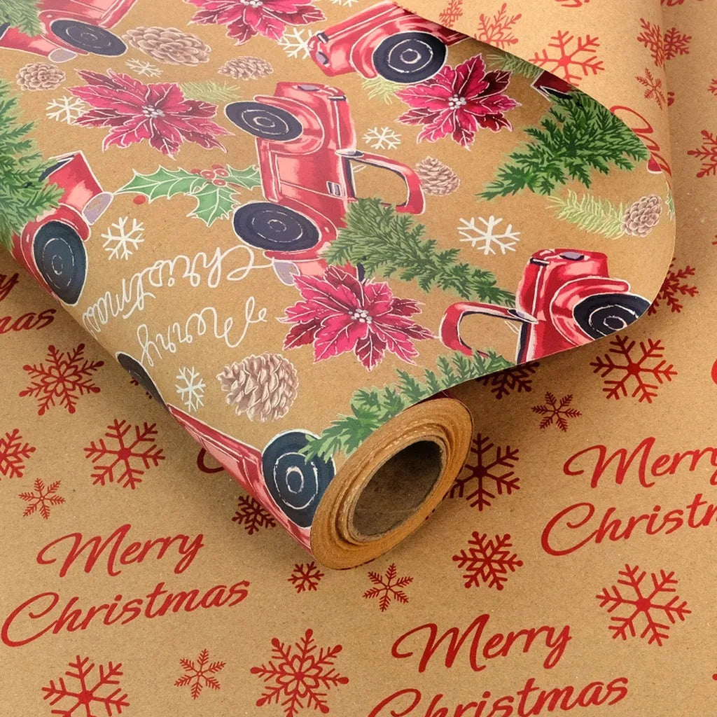 Kraft Christmas Wrapping Paper Roll | Double-Sided | 43x300cm | Retro Xmas Designs | 4 Patterns