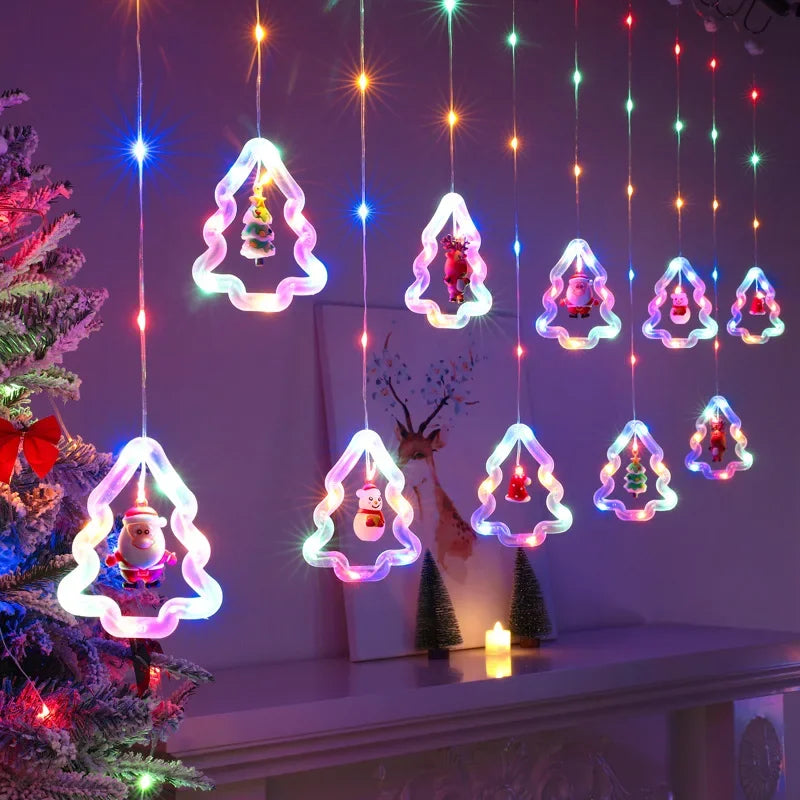 LED Christmas Curtain String Lights | USB | 8 Modes | Stars, Trees & Circles | Warm & Colourful | Bedroom & Window Decoration