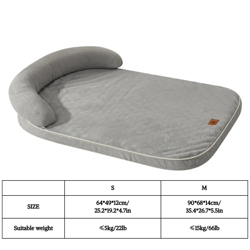 Sofa Dog Bed with Bolster Pillow – Soft Non-Slip Pet Bed for Small & Medium Dogs | Grey, Wood & Yellow