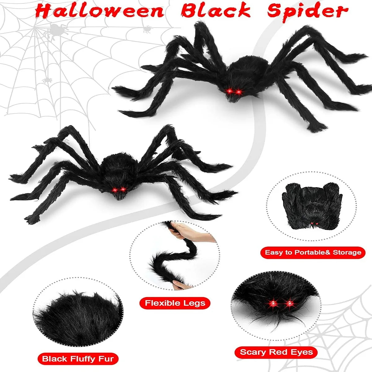 Giant Black Plush Halloween Spider – Poseable, Multi-Size