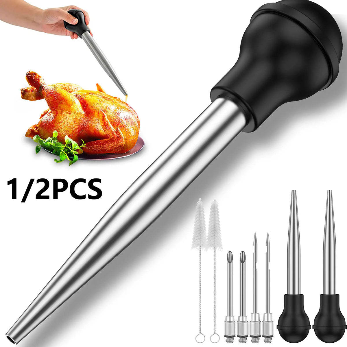 Stainless Steel Turkey Baster & Marinade Injector Set with Cleaning Brush
