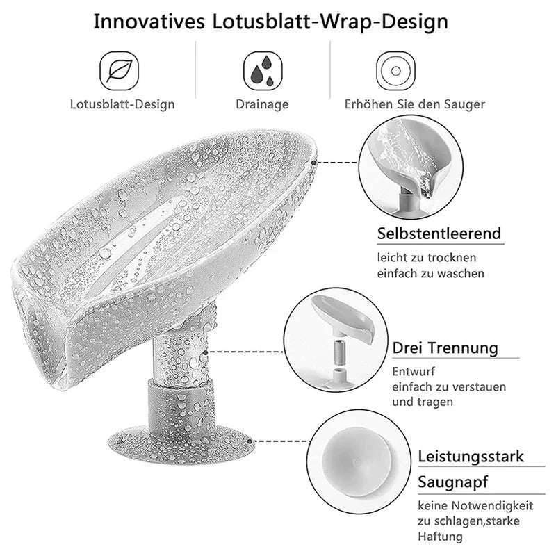 Leaf Shape Soap Dish with Suction Cup & Drainage | Anti-Slip Soap Holder for Bathroom & Kitchen | Green or Grey