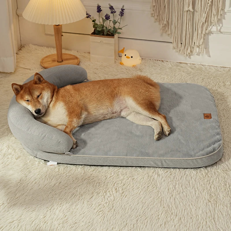 Sofa Dog Bed with Bolster Pillow – Soft Non-Slip Pet Bed for Small & Medium Dogs | Grey, Wood & Yellow