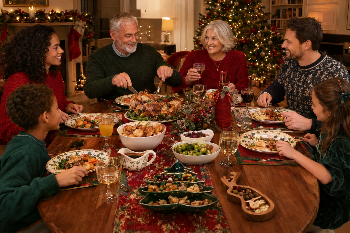 Family enjoying Christmas dinner around a festive table