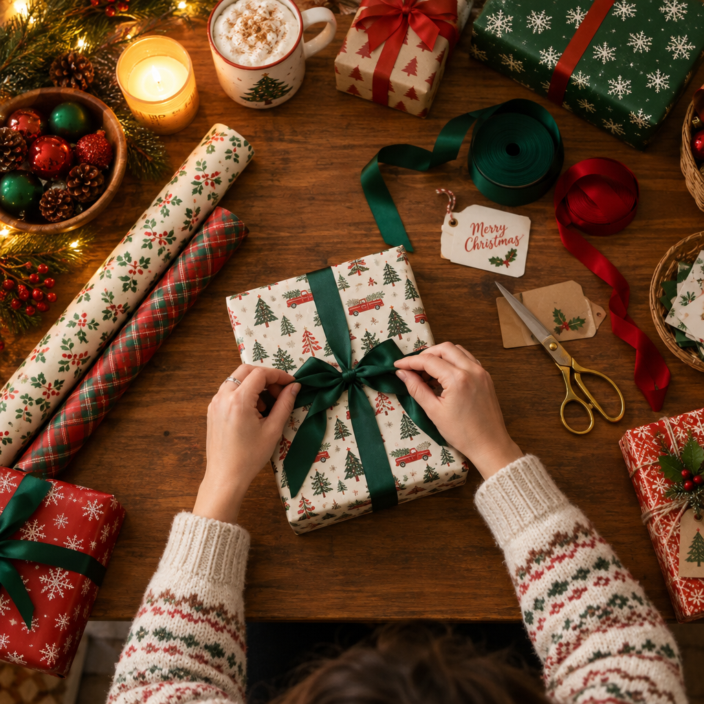 Person wrapping Christmas gifts with ribbon